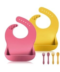 Vicloon Silicone Baby Bib, 2Pack Bibs. 2 spoons. 2 folks.